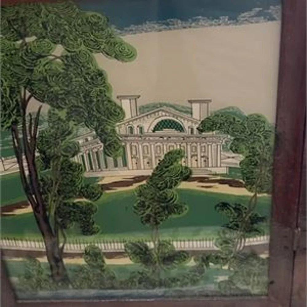 Antique Jerome & Co Ogee Shelf Clock Wood Case Reverse Painted Glass Landscape